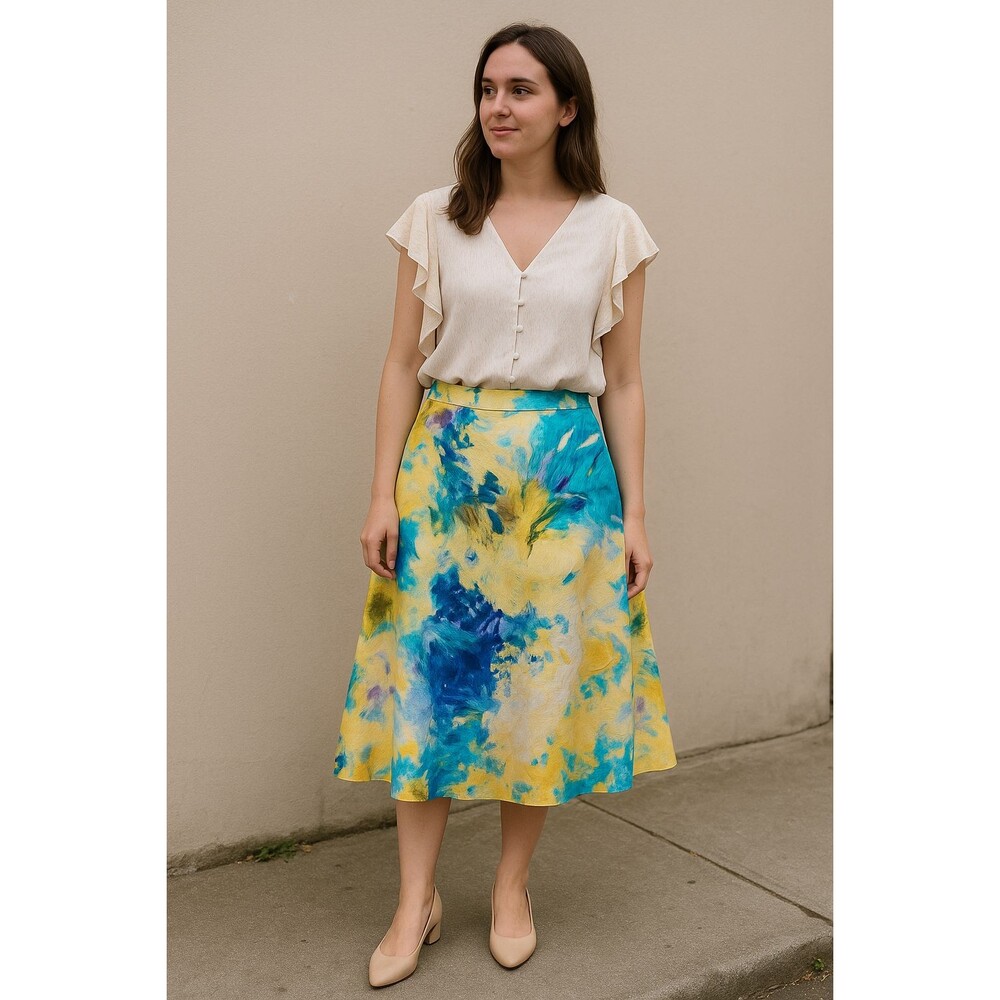 H&M Watercolor Brocade Midi Skirt Size 4 Yellow Teal Purple A-Line Abstract Art